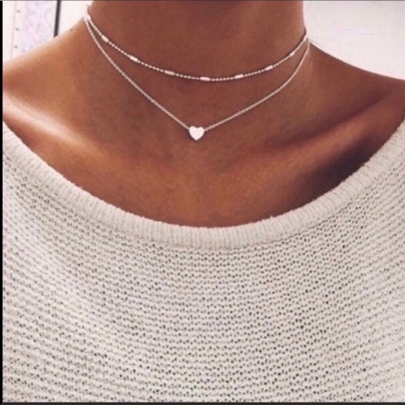 Double Layered Silver Heart Choker Necklace - Picture 2 of 8
